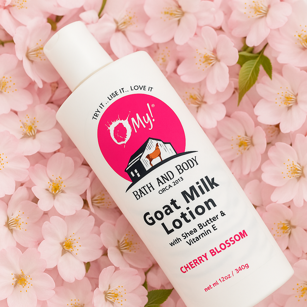 Bottle of O My! Bath and Body Goat Milk Lotion on cherry blossom flowers