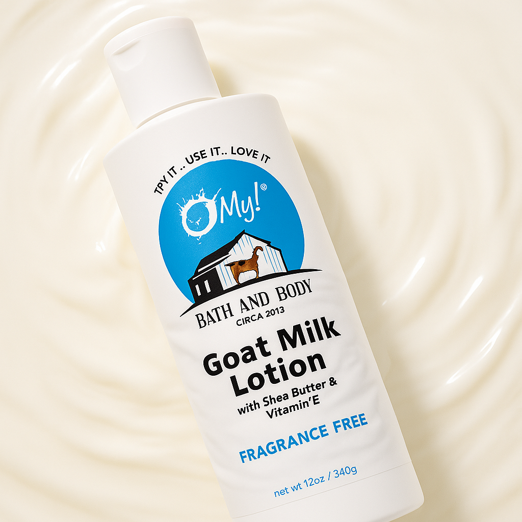 O My! Goat Milk Lotion bottle with O My! Bath and Body logo on a white milky background of raw goat milk.