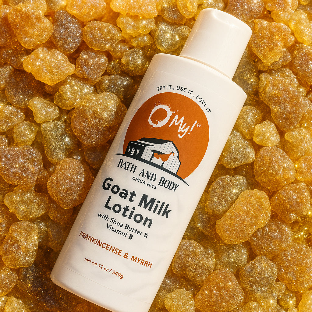 O My! Goat Milk Lotion on a bed of frankincense and myrrh