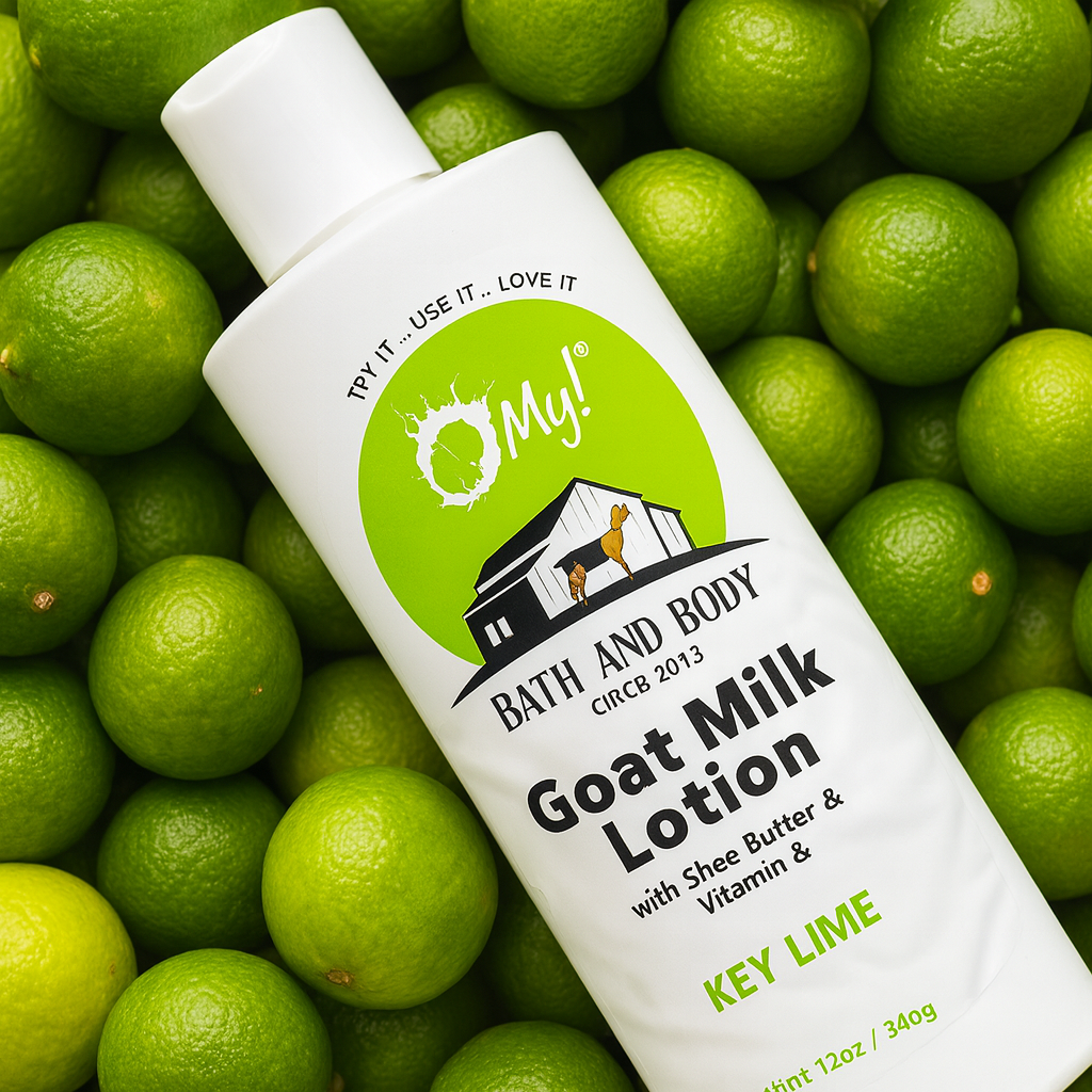 Bottle of O My! Bath and Body Goat Milk Lotion surrounded by key limes