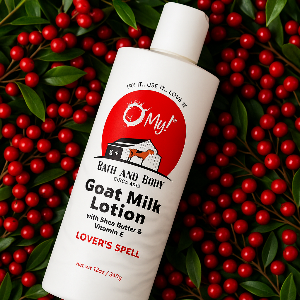 O My! Goat Milk Lotion bottle laying on berries and greenery.