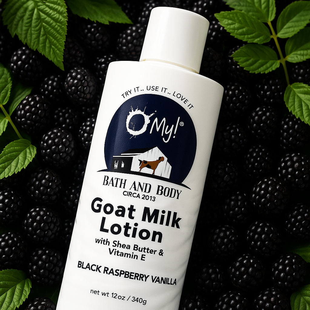 O My! Goat milk lotion bottle with black raspberry vanilla scent on a blackberry background