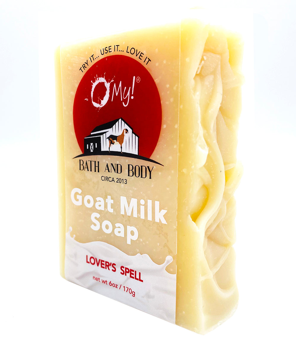 O My! Goat Milk Bar Soap Lover's Spell handcrafted in the USA and all natural made with raw goat milk sourced from US goat farms.
