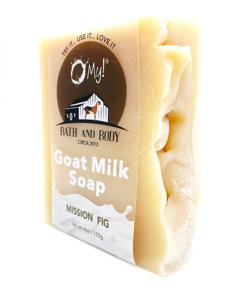 O My! Goat Milk Bar Soap Mission Fig handcrafted in the USA and all natural made with raw goat milk sourced from US goat farms.