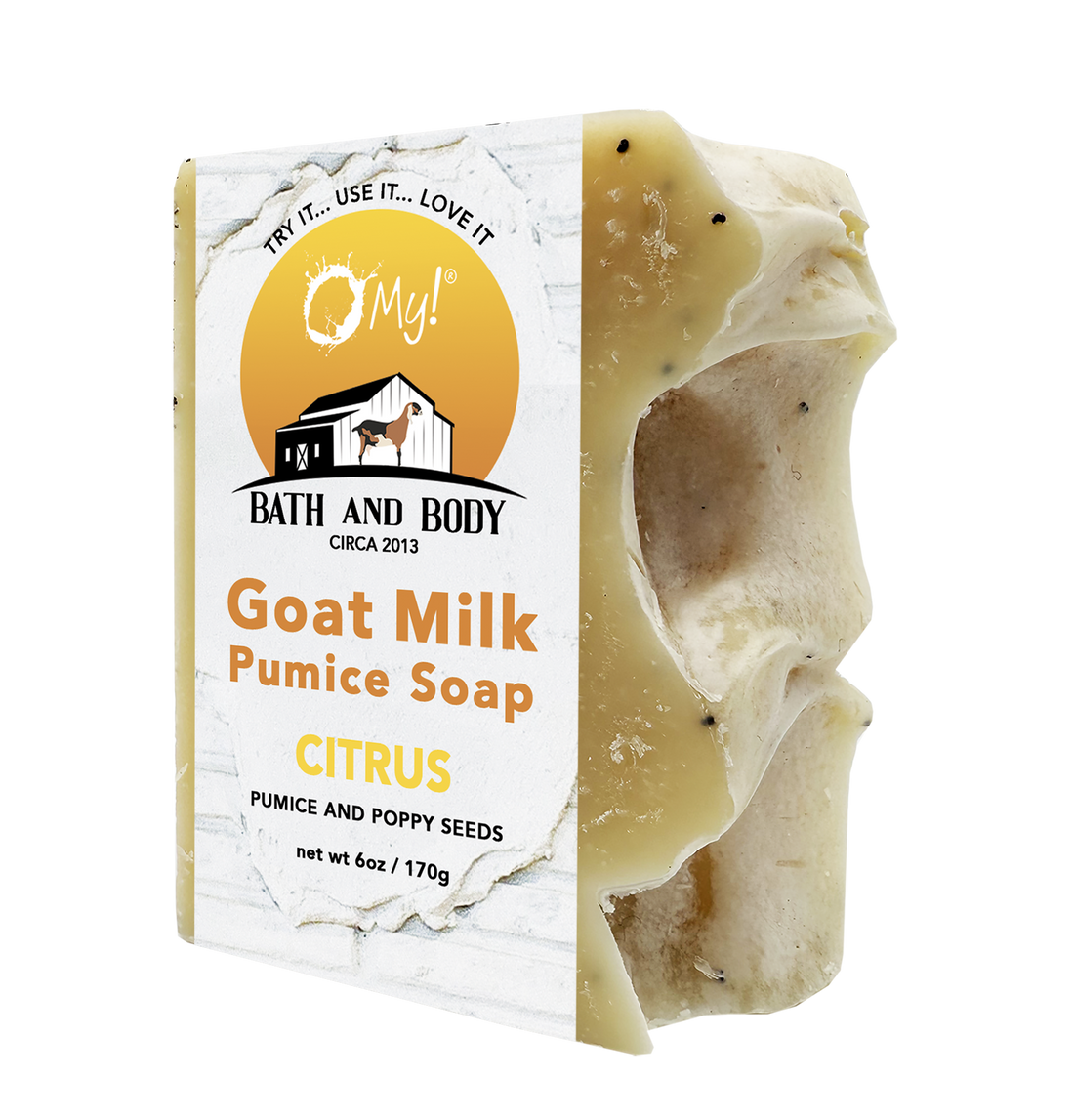 Goat milk pumice soap with packaging featuring 'O My!' brand on a white background