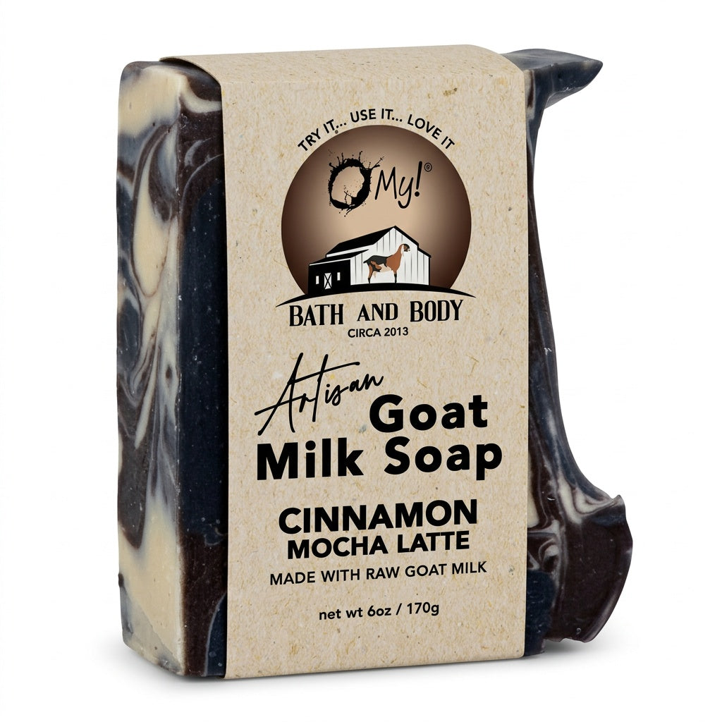O My! Artisan Cinnamon Mocha Latte Goat milk soap bar with minimalistic eco packaging.