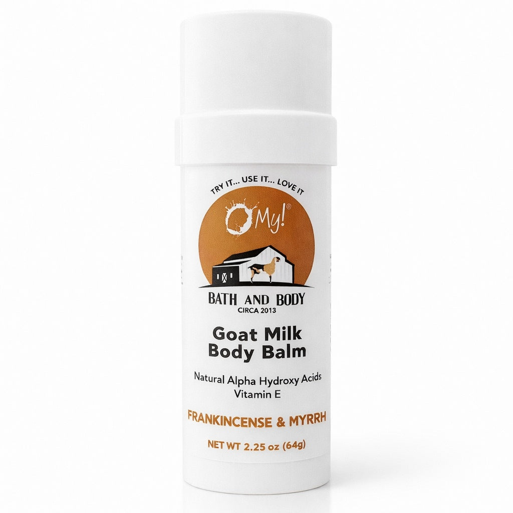 O My! Goat Milk Body Balm in Frankincense and Myrrh Essential Oils on a white background.