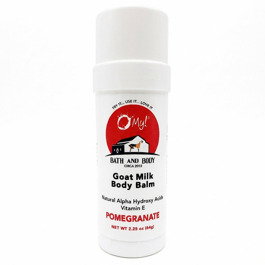 O My! Goat Milk Body Balm in Pomegranate fragrance oil on a white background.
