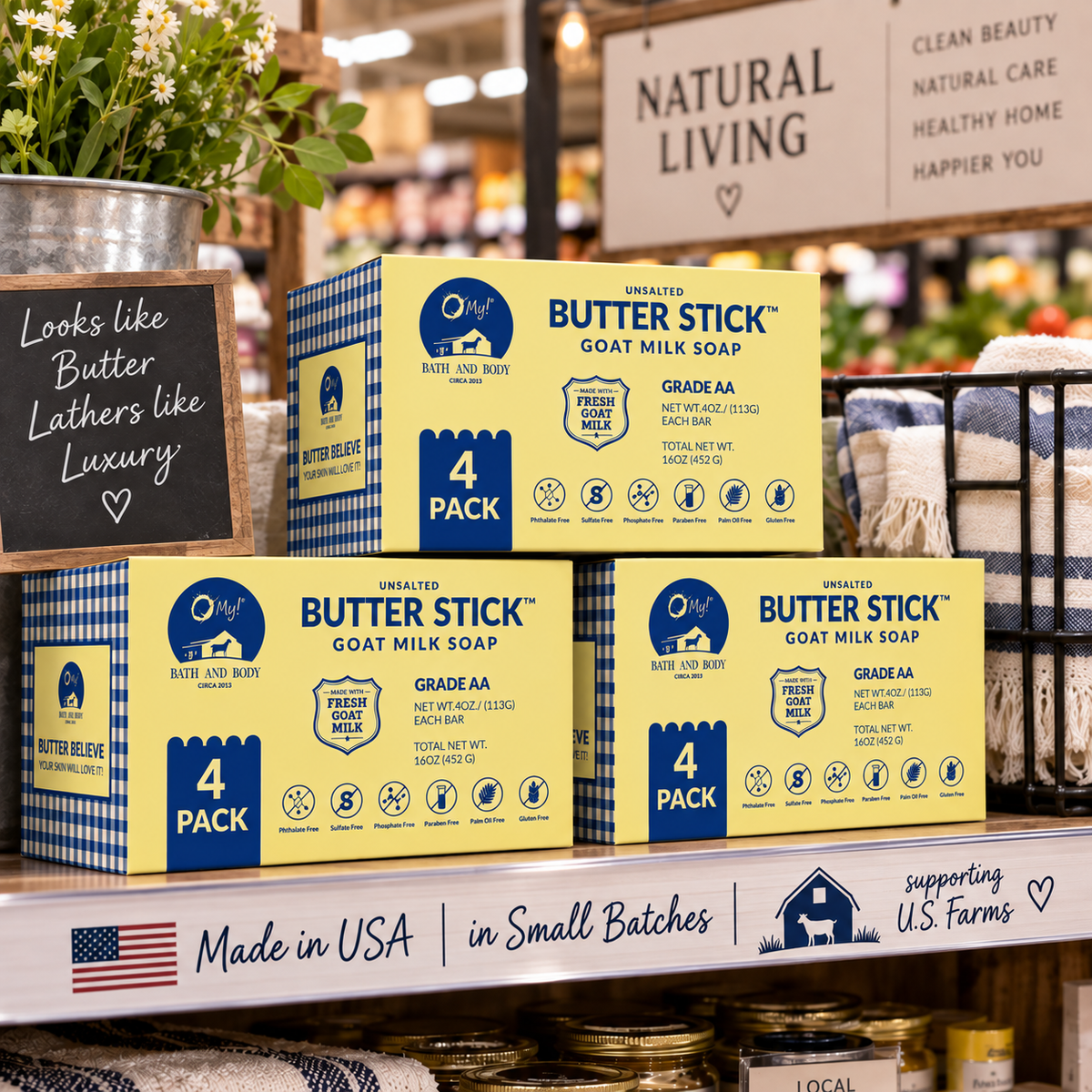 O My! Butter Stick™ Goat Milk Soap Bar 4-Pack - 16oz | Handcrafted in USA with Raw Goat Milk | Looks like Butter... Lathers like Luxury!