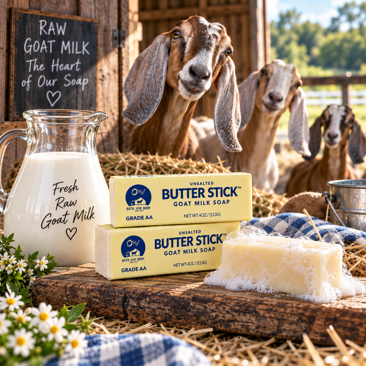 Two bars of O My! Butter Stick Goat Milk Soaps displayed on a rustic wooden table with a glass pitcher of raw goat milk, a lathered soap bar, flowers, and three long-eared goats in a barn setting.