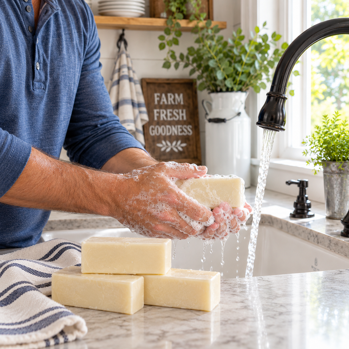 A man in a blue shirt washes his hands with a bar of O My! Butter Stick goat milk soap under running water in a kitchen sink, with three more bars of soap stacked on the counter below.