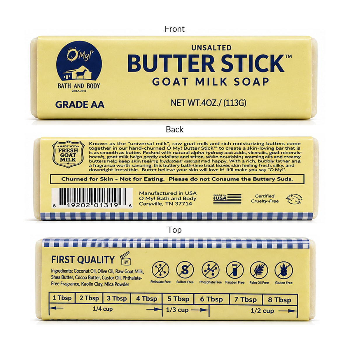Three views of O My Butter Stick Goat Milk Soap bar, Grade AA goat milk soap bar, showing the front, back, and top packaging details against a white background.