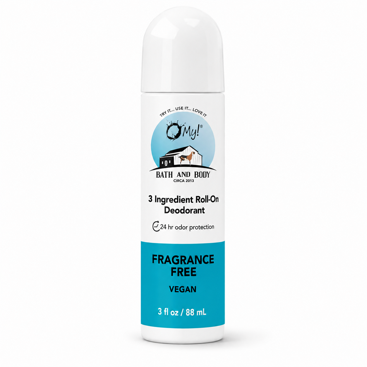 O My! Bath and Body 3 Ingredient Roll-On Deodorant on a white background