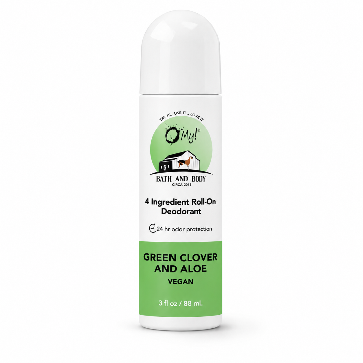 O My! Bath and Body 4 Ingredient Roll-On Deodorant Green Clover and Aloe on a white background.