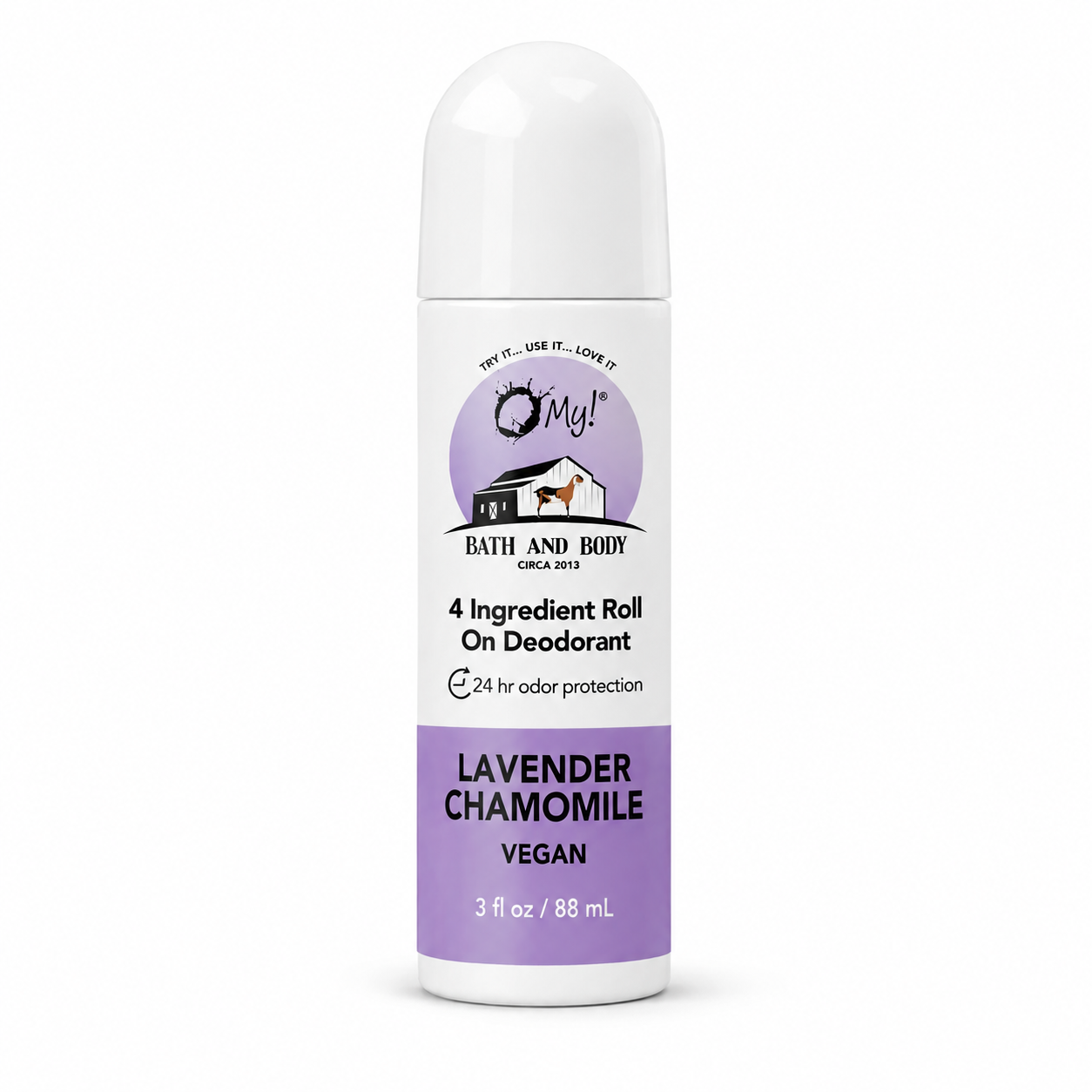 O My! Bath and Body 4 Ingredient Roll-On Deodorant Lavender Chamomile on a white background