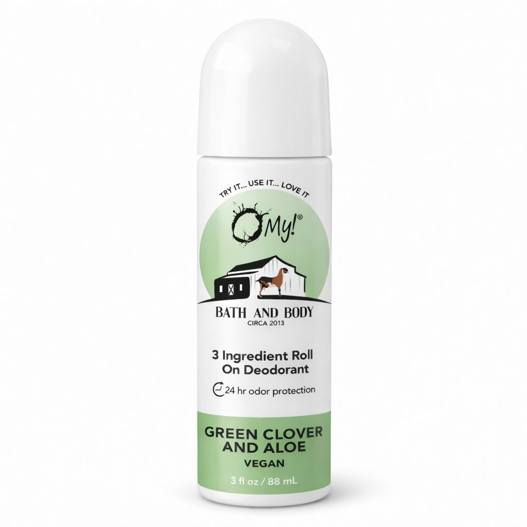 O My! 3 Ingredient Vegan Roll On Refillable Deodorant Green Clover and Aloe with 24 hr odor protection.