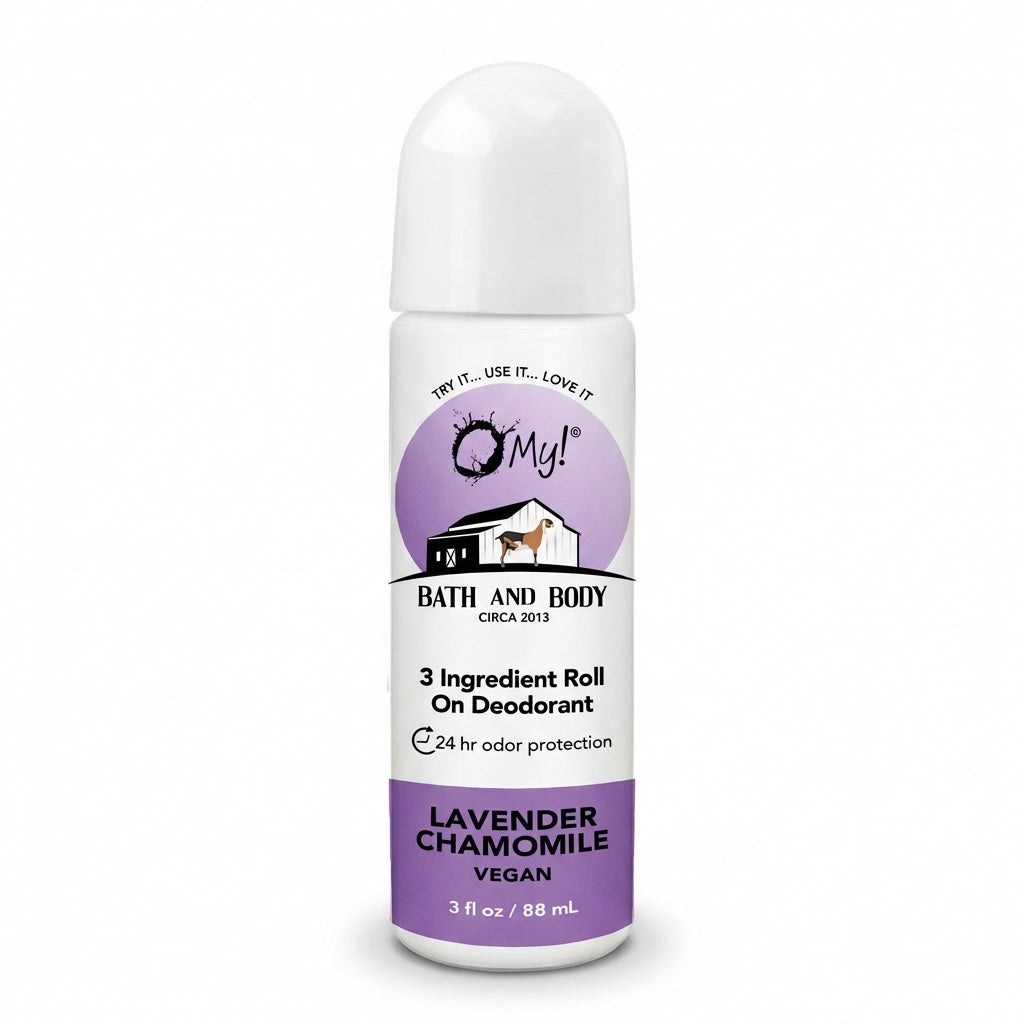 O My! 3 Ingredient Vegan Roll On Refillable Deodorant Lavender Chamomile with 24 hr odor protection.