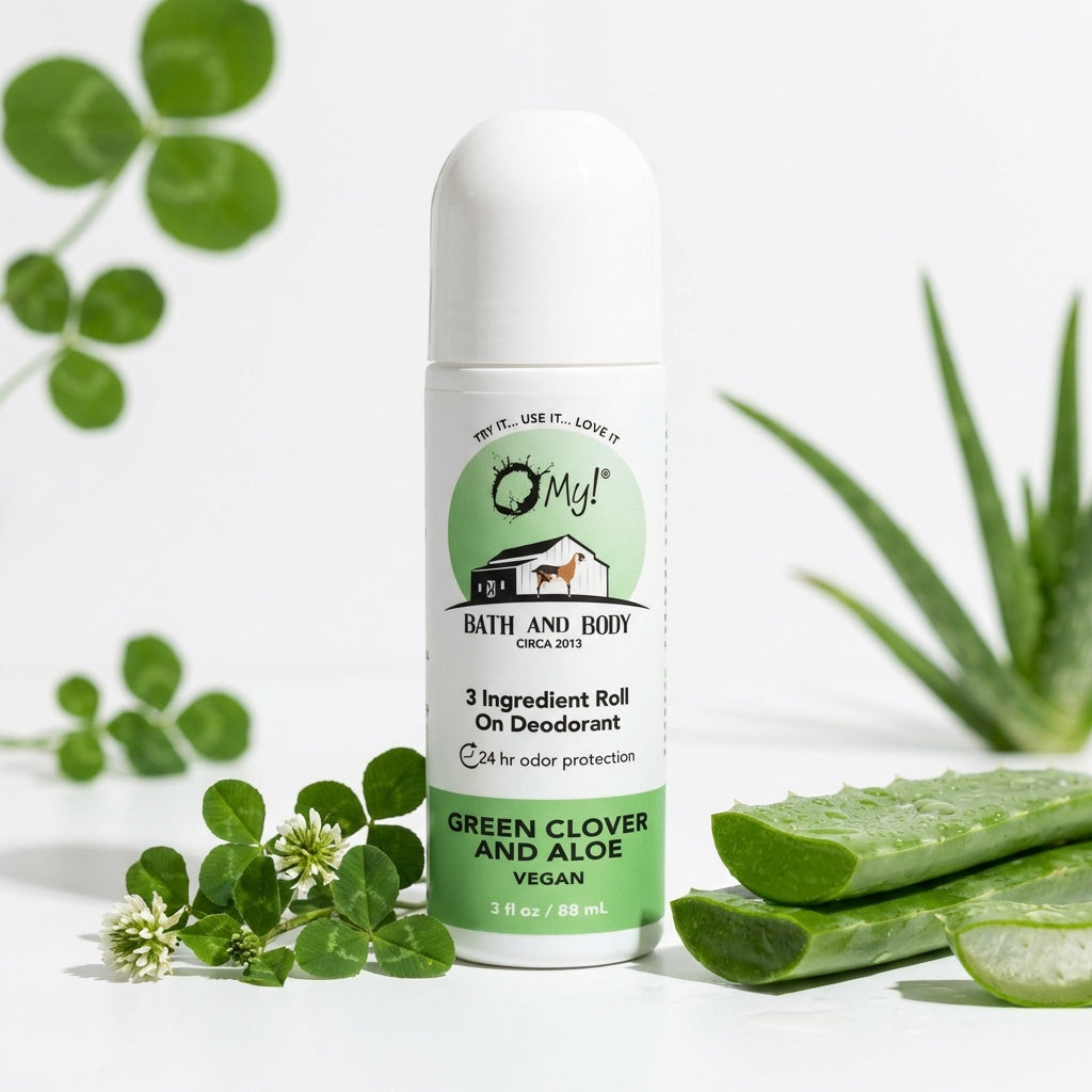 O My! Roll-on deodorant with green clover and aloe vera on a white background