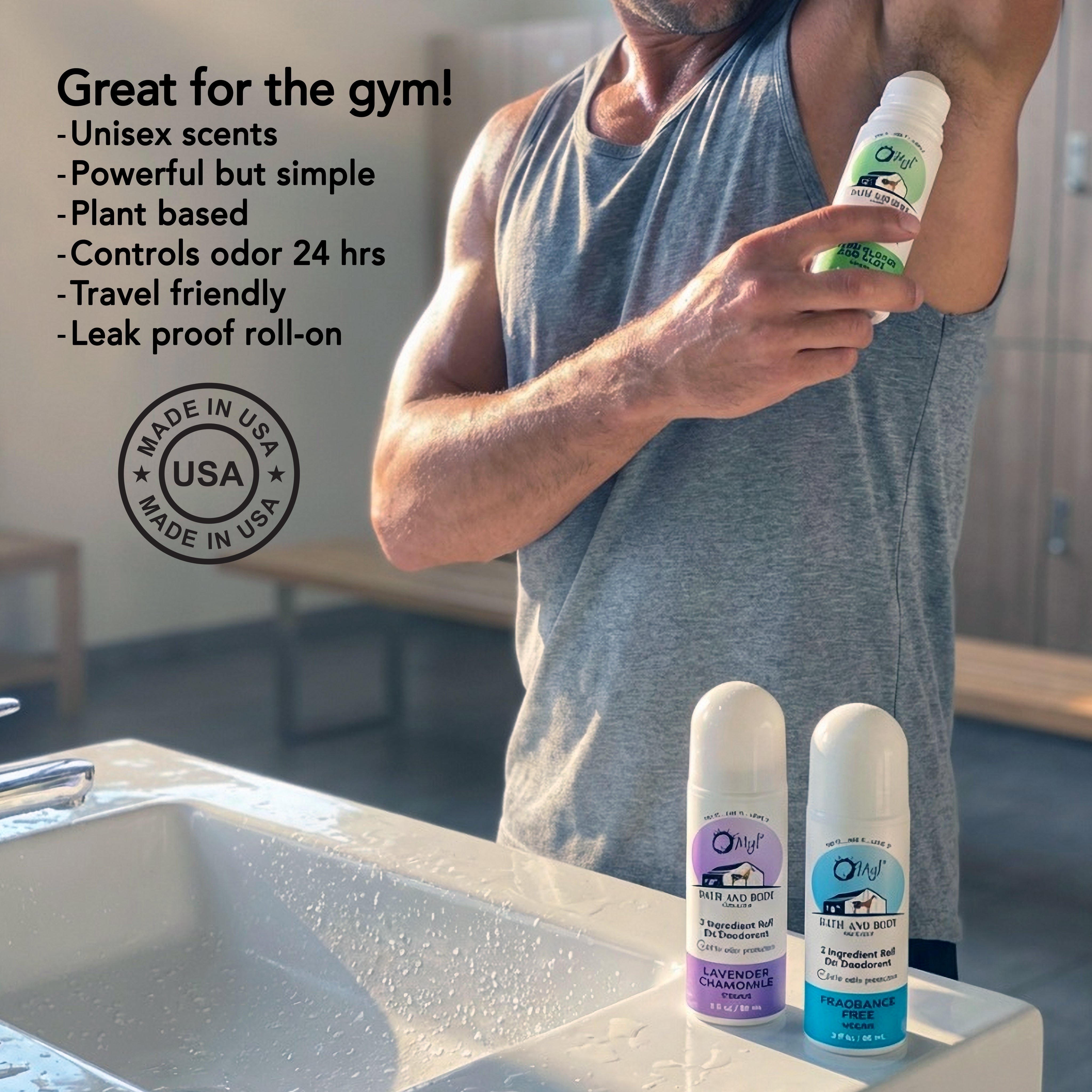Man applying the O My! 3 Ingredient roll-on deodorant in Green Clover and Aloe before a hard workout at the gym.