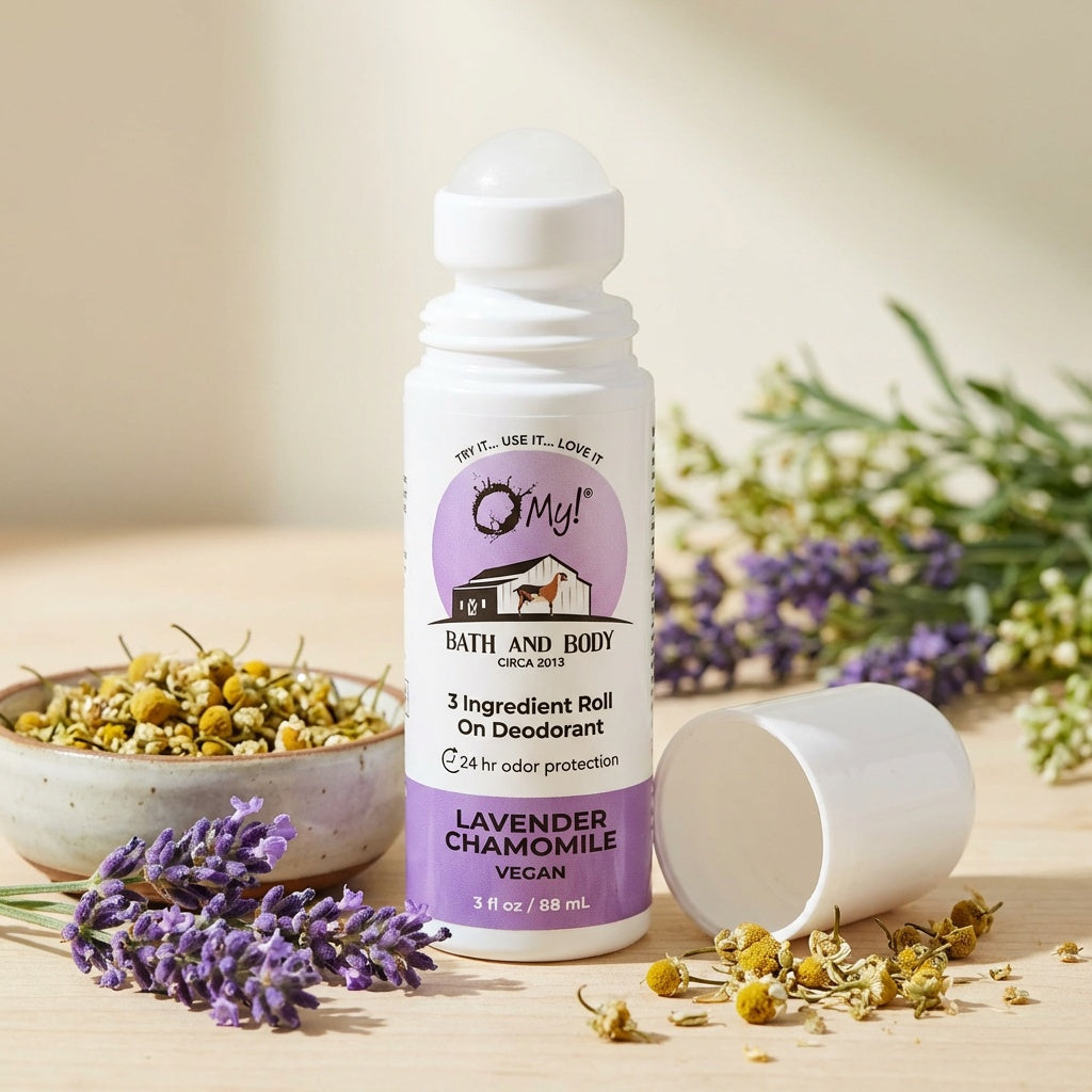O My! Roll-on deodorant bottle with lavender and chamomile flowers on a wooden surface