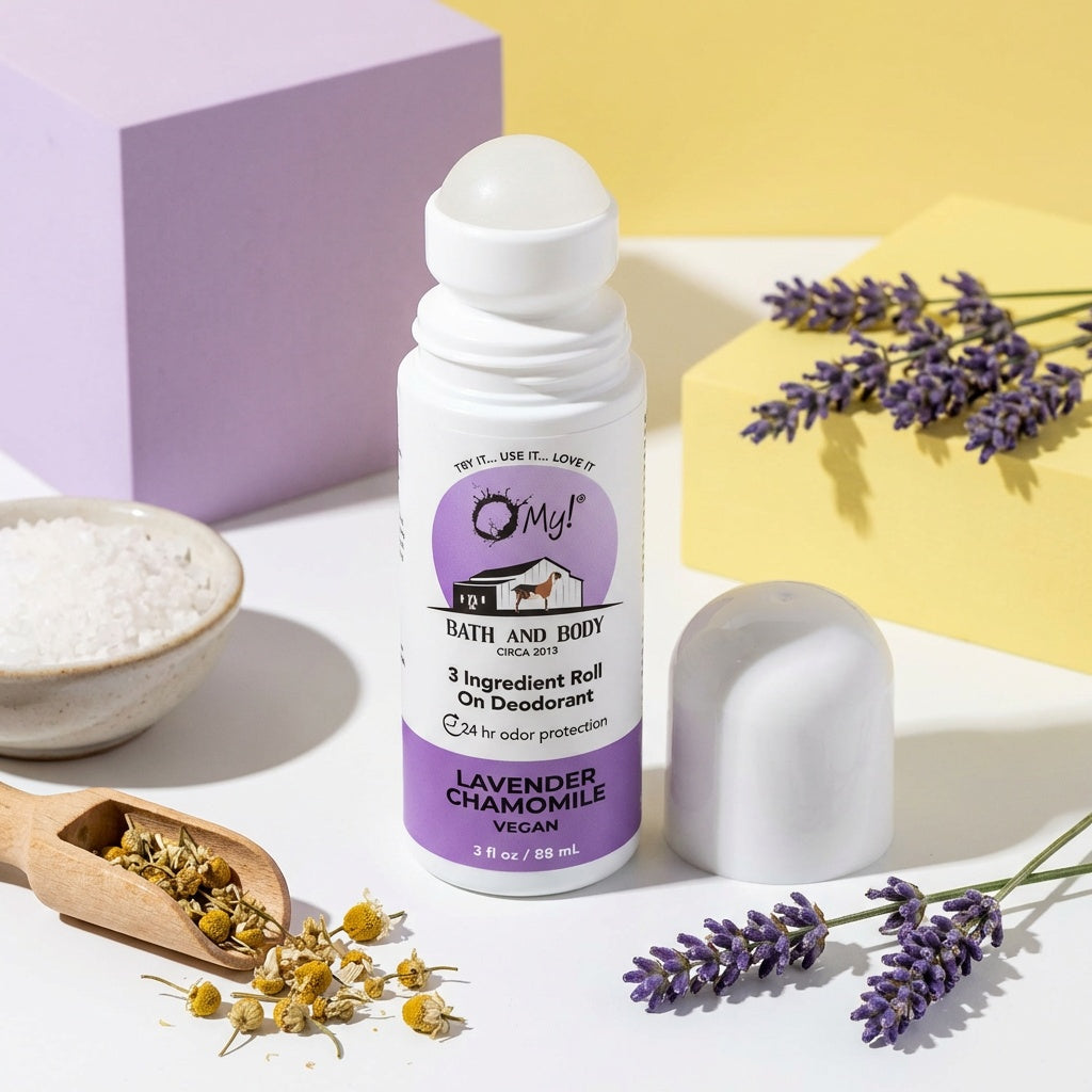 O My! Roll-on deodorant with lavender and chamomile on a yellow and purple block background.