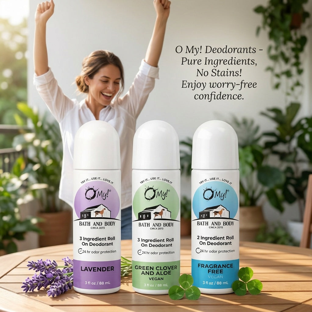 Three O My! deodorant bottles on a table with a woman in a white shirt celebrating in the background because there are no oil stains left behind by O My! Deodorants.