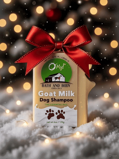 Santa puts O My! Dog Shampoo Goat Milk Soap bar in a bone shaped stocking and goes into the chimney.