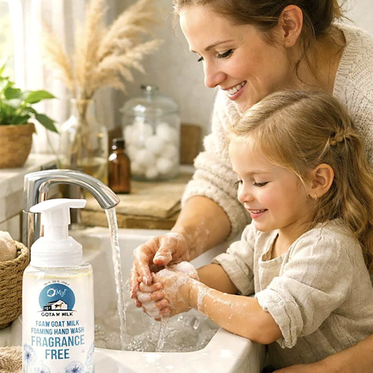 O My! Goat Milk Foaming Hand Wash is being used by a mother and daughter to wash their hands.