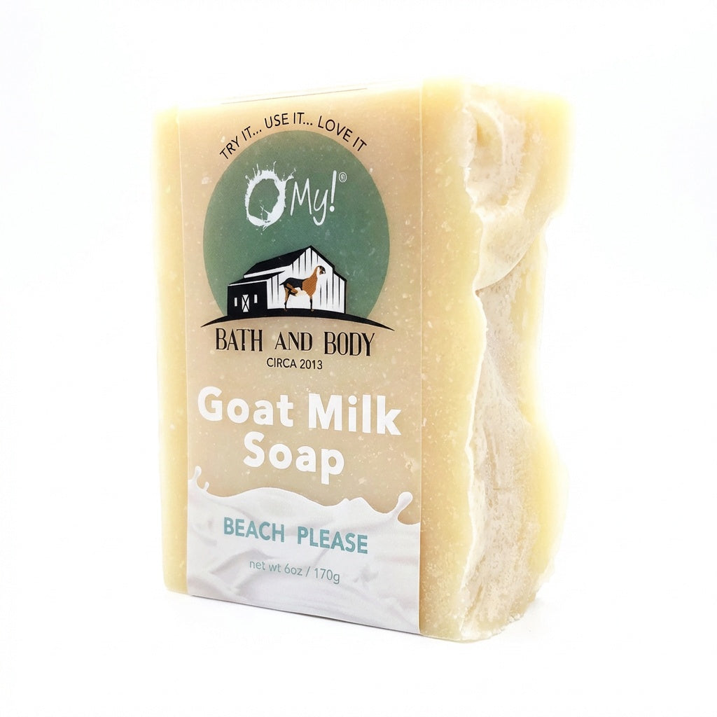 O My! Goat milk soap bar with clear label on a white background