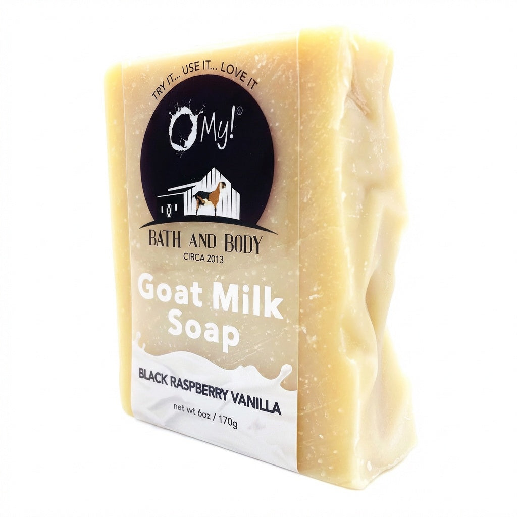 O My! goat milk bar soap with a clear label on a white background
