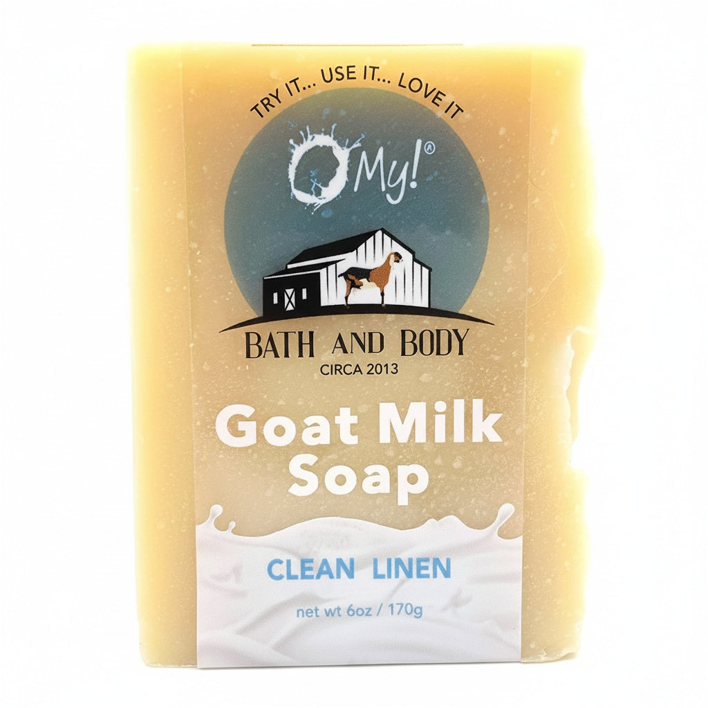 O My! Goat milk bar soap with 'O My!' clear label on a white background