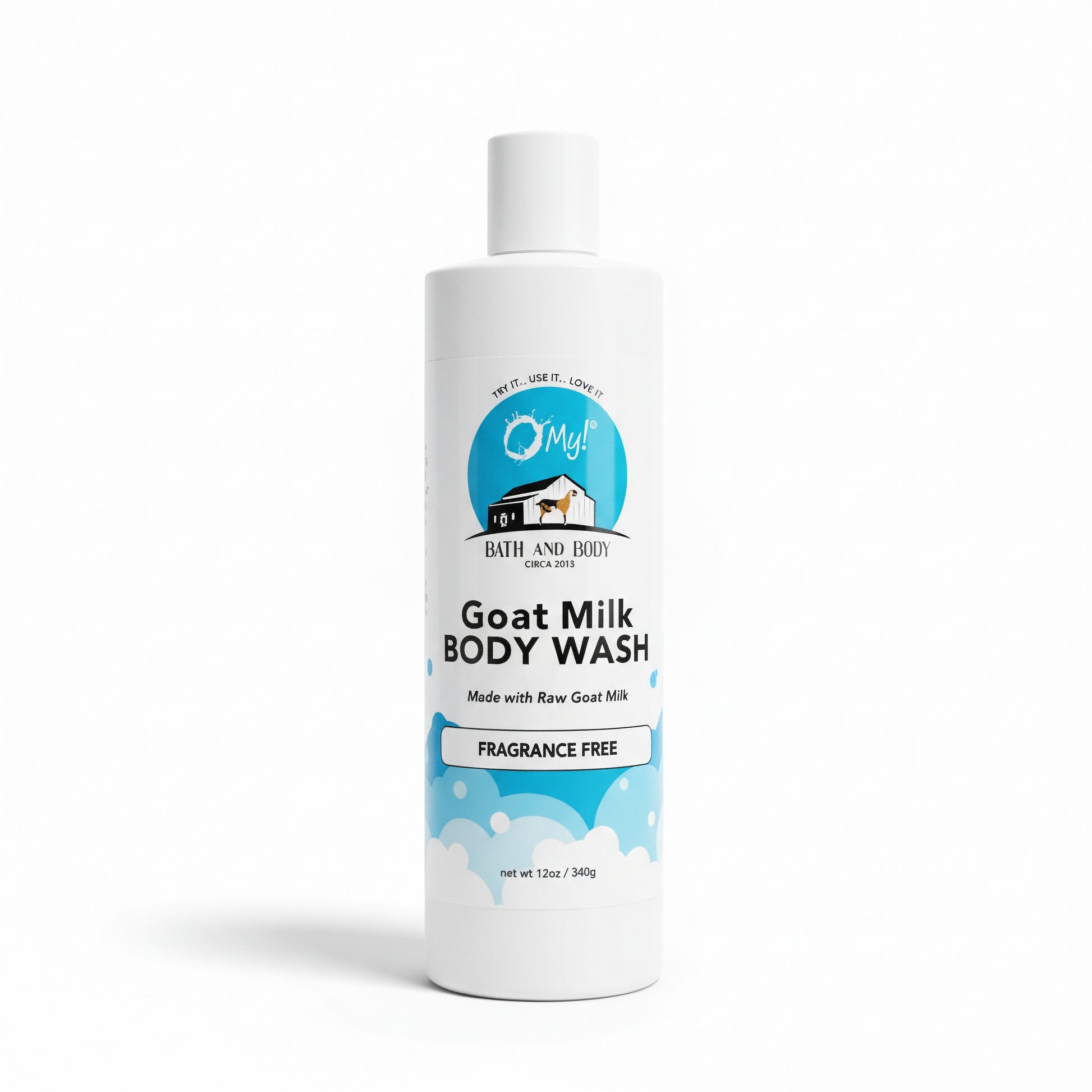  O My! Goat milk body wash Fragrance Free bottle with O My! Bath and Body label on a white background