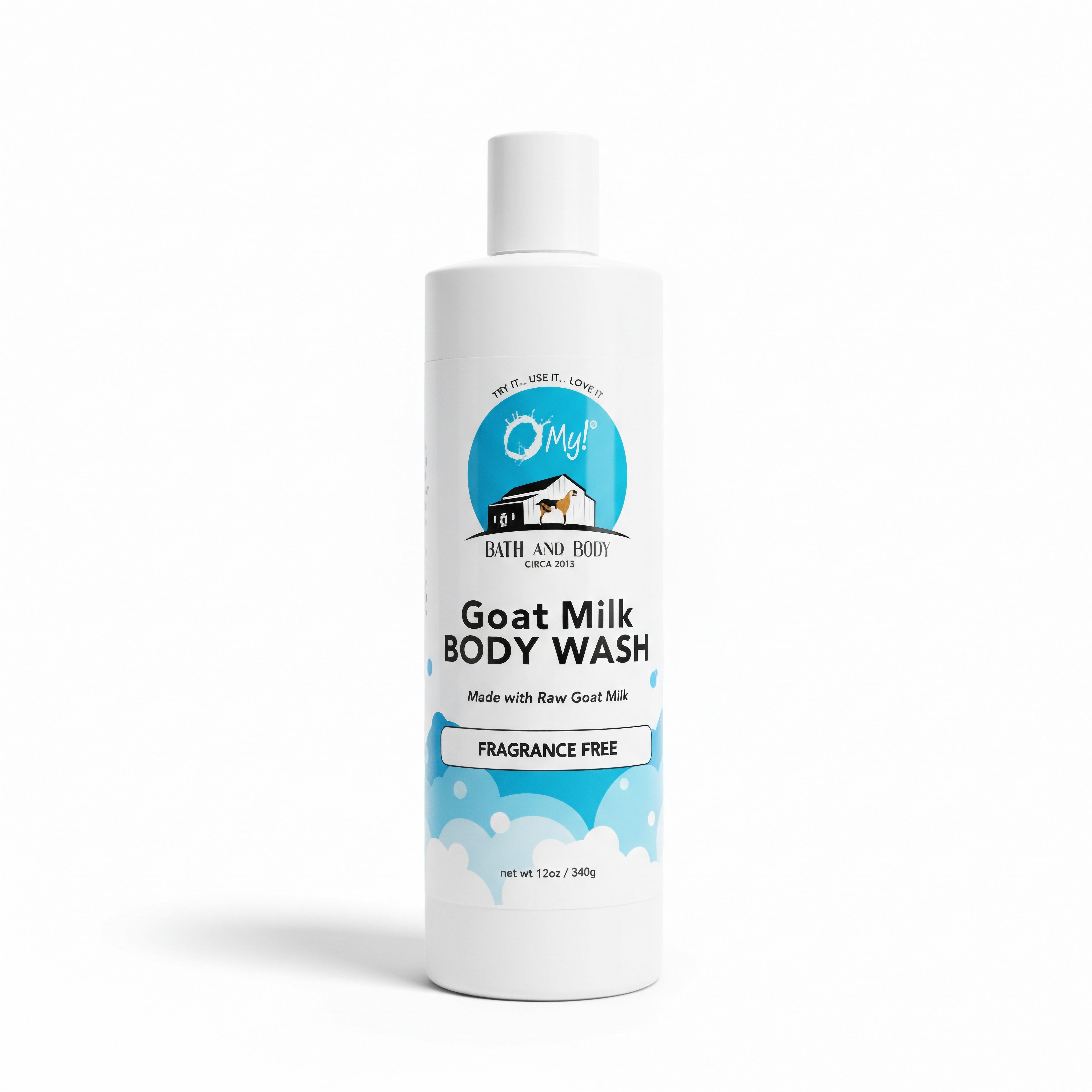  O My! Goat milk body wash Fragrance Free bottle with O My! Bath and Body label on a white background