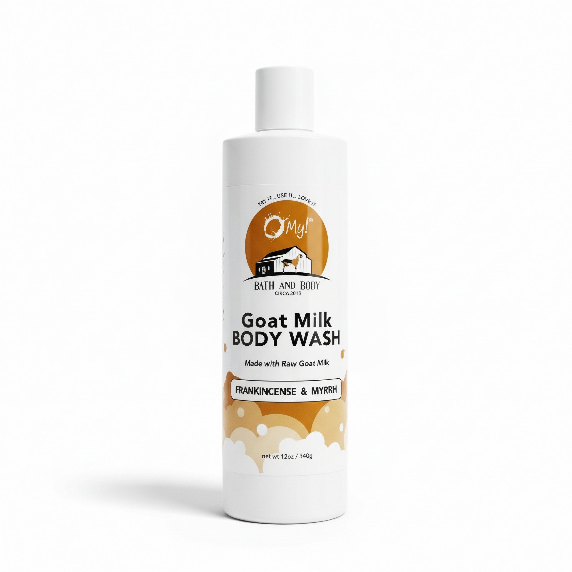 O My! Goat milk body wash Frankincense and Myrrh bottle with O My! Bath and Body label on a white background