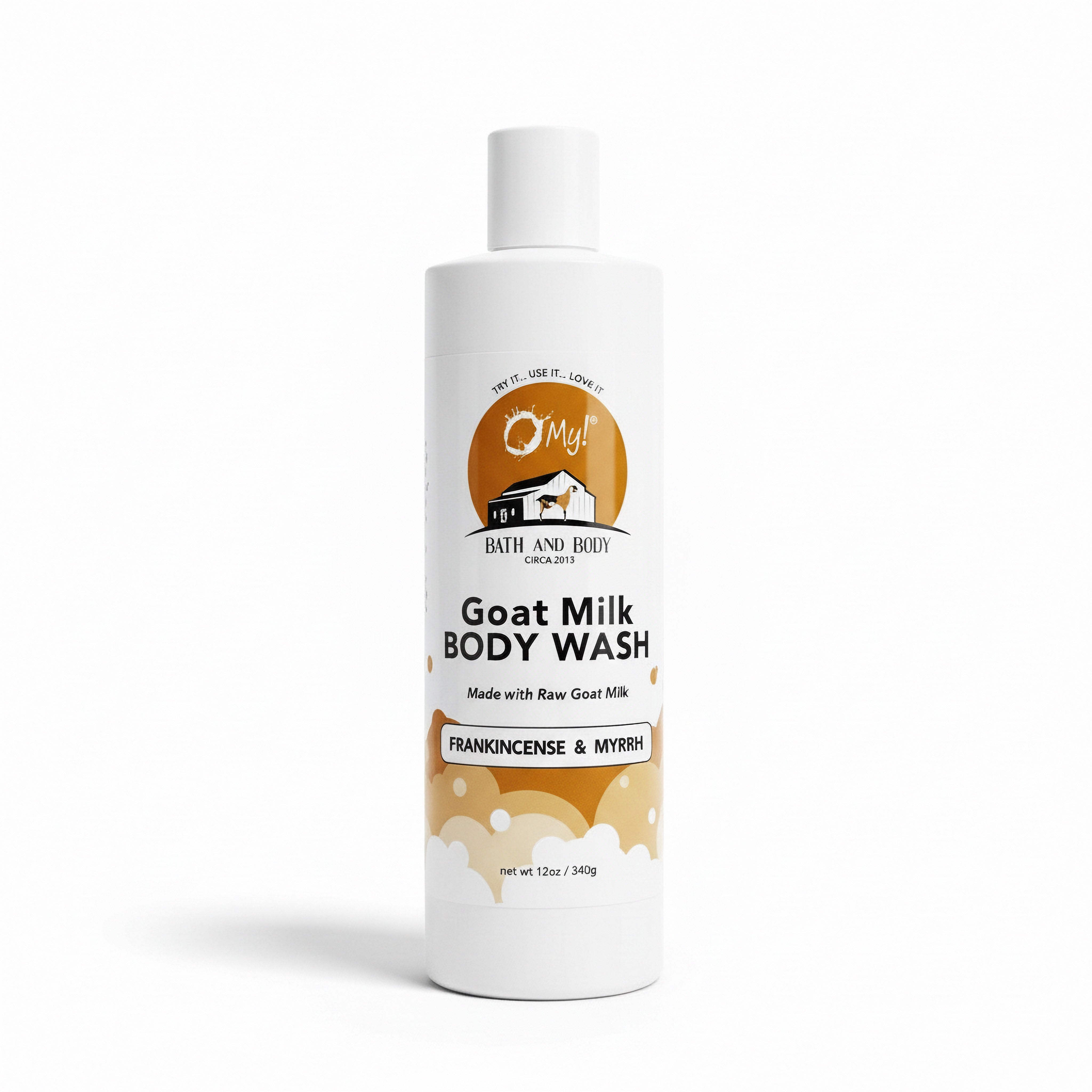 O My! Goat milk body wash Frankincense and Myrrh bottle with O My! Bath and Body label on a white background
