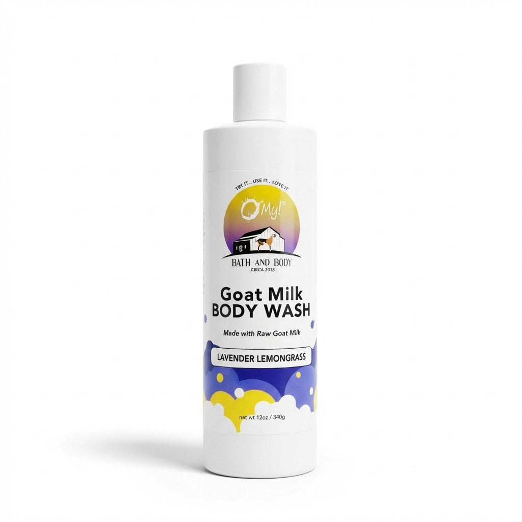 O My! Goat milk body wash Lavender Lemongrass bottle with O My! Bath and Body label on a white background