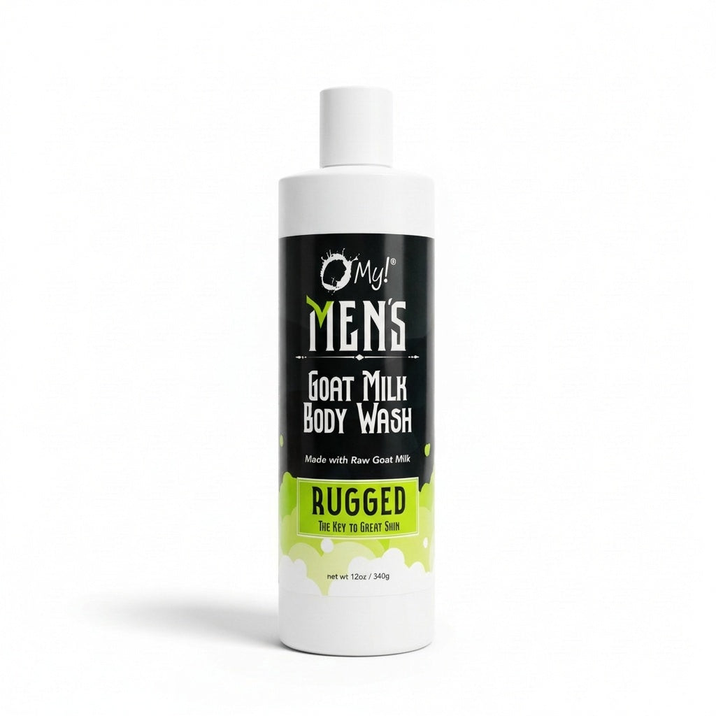 O My! Goat milk body wash Men's Rugged bottle with O My! Bath and Body label on a white background