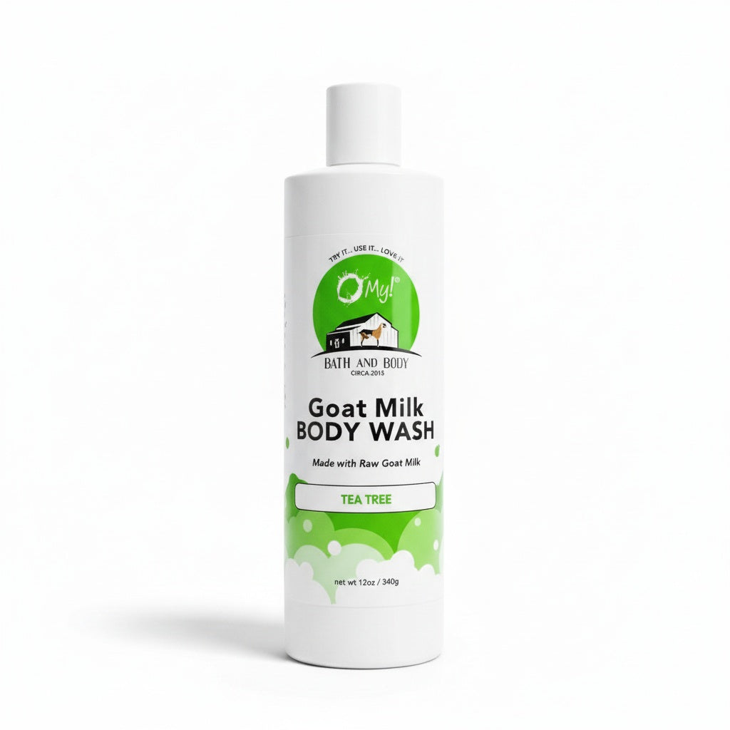 O My! Goat milk body wash Tea Tree bottle with O My! Bath and Body label on a white background