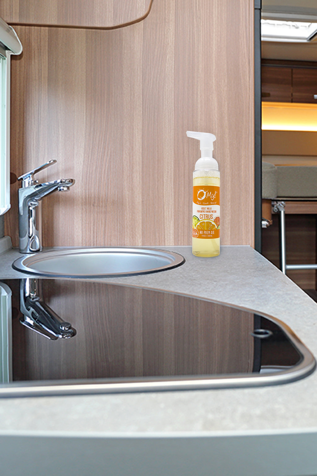 O My! Foaming Hand Wash sitting on a camper kitchen counter next to a sink