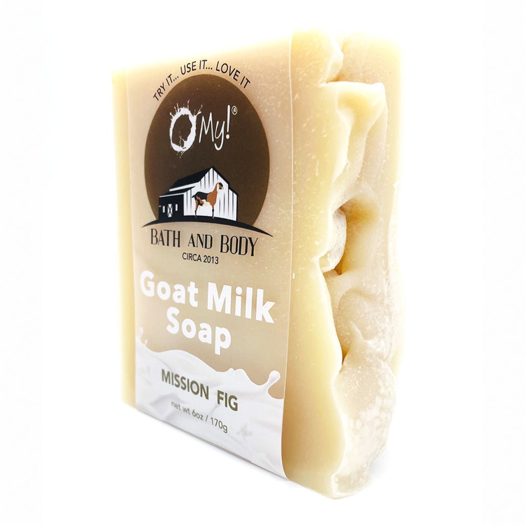 O My! Goat milk soap with a clear label on a white background