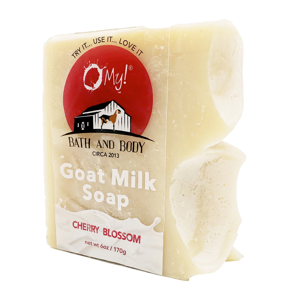 O My! Goat milk soap with a clear label on a white background
