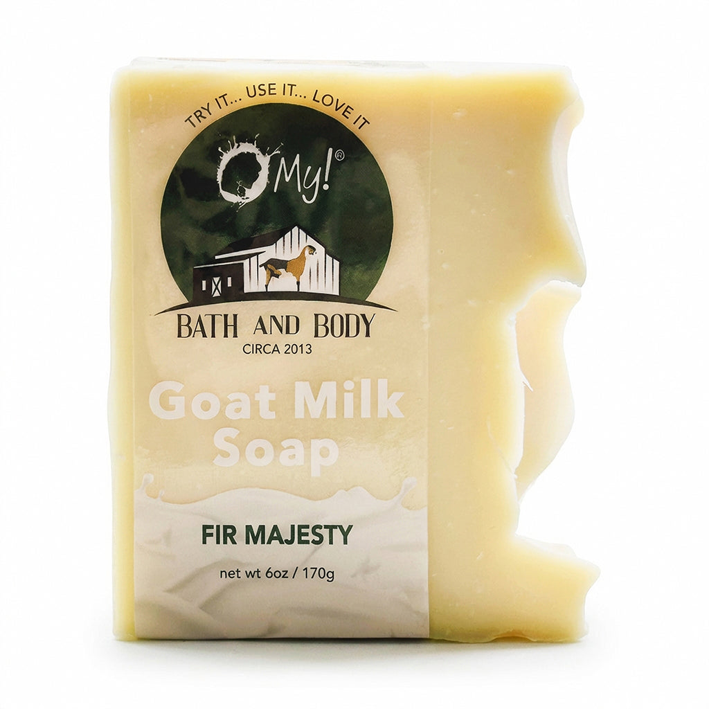 O My! goat milk soap bar with a clear label on a white background