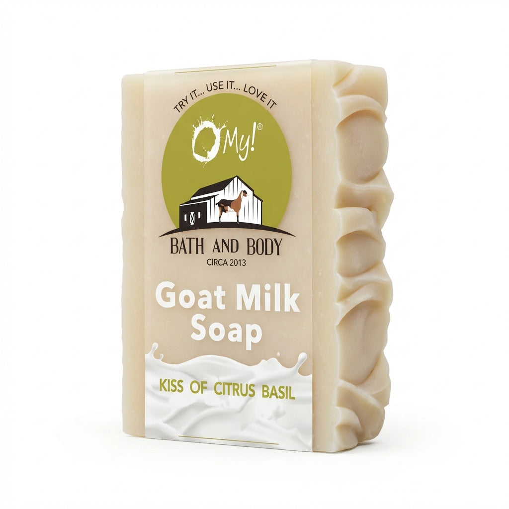 Bar of O My! goat milk soap with a clear label on a white background