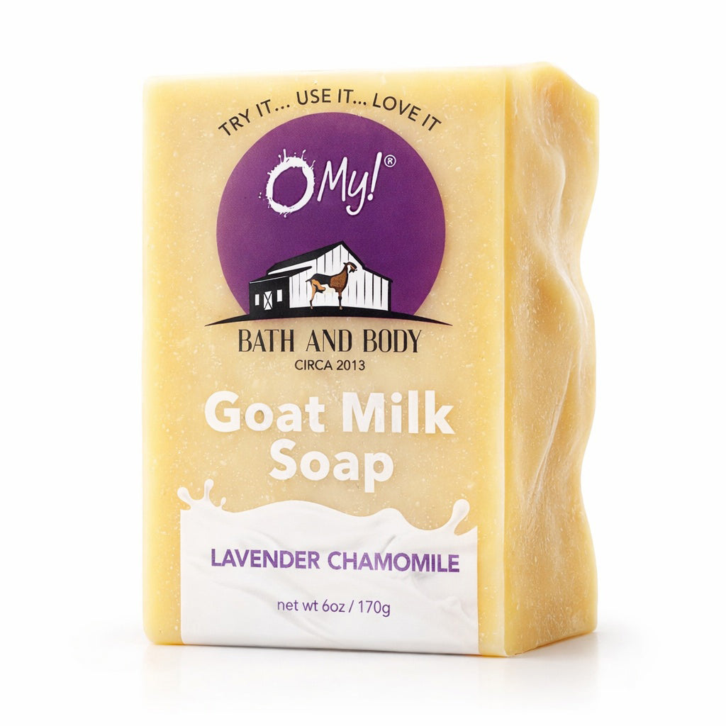 O My! Goat milk soap bar with a clear label on a white background
