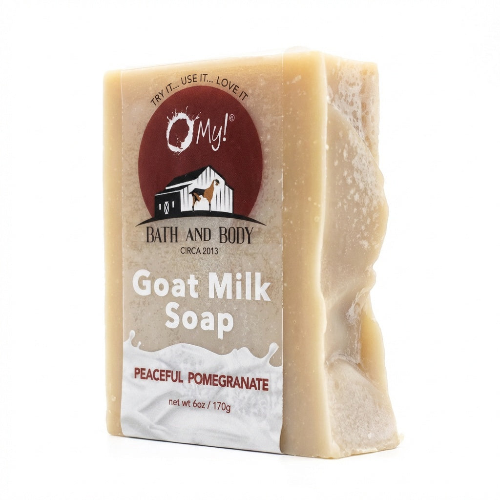 O My! Goat milk soap bar with a clear label on a white background