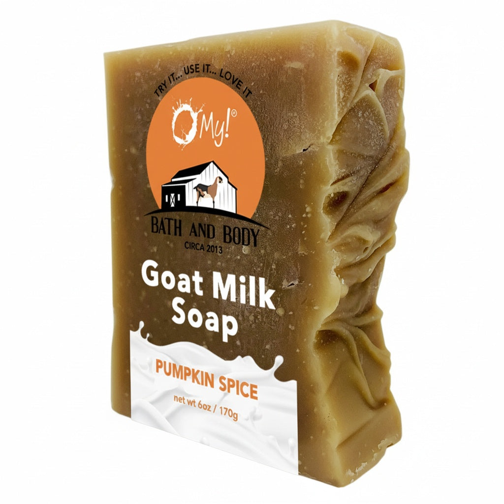 O My! Bar of goat milk soap with a clear label on a white background