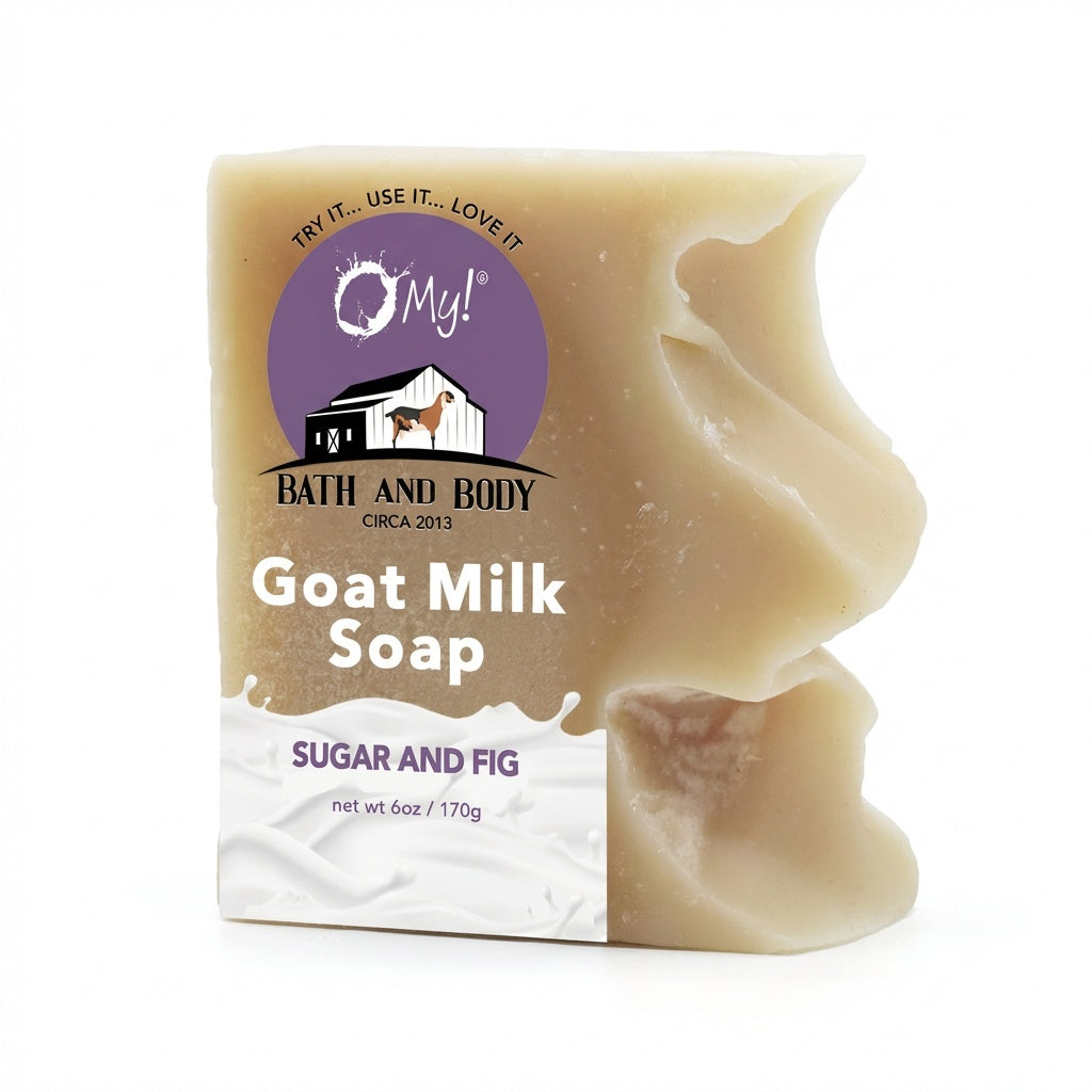 O My! Goat milk soap with a clear label  on a white background