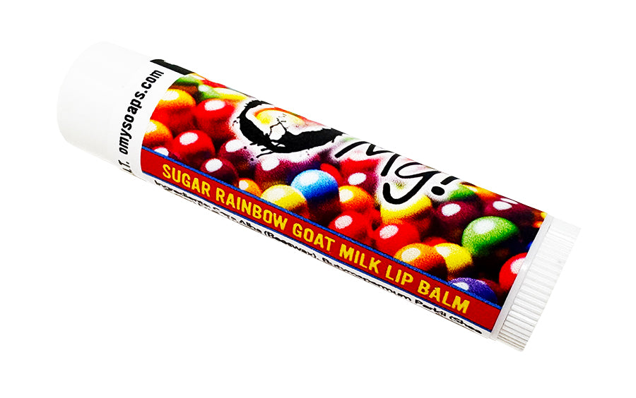 Colorful lip balm tube with 'O My!' branding on a Sugar Rainbow background