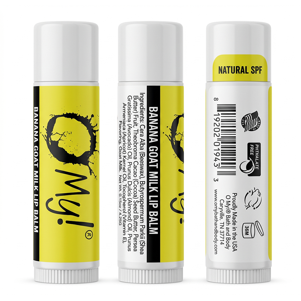 Three views of O My! Banana Goat Milk lip balm tubes on a white background