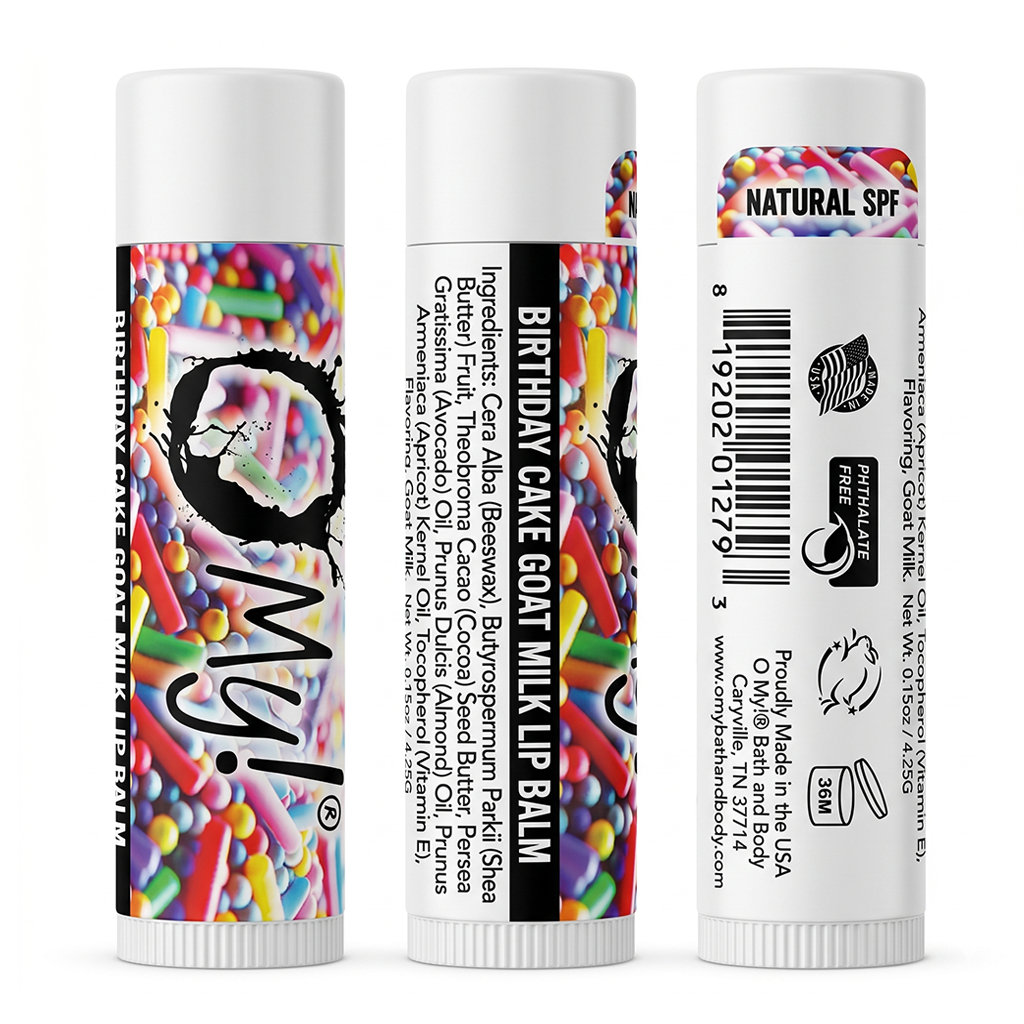 Three views of O My! Birthday Cake Goat Milk lip balm tubes on a white background